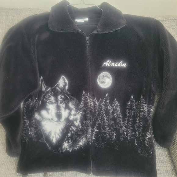 Vintage Black Fleece Jacket with Wolf Design Made In USA - Picture 1 of 9